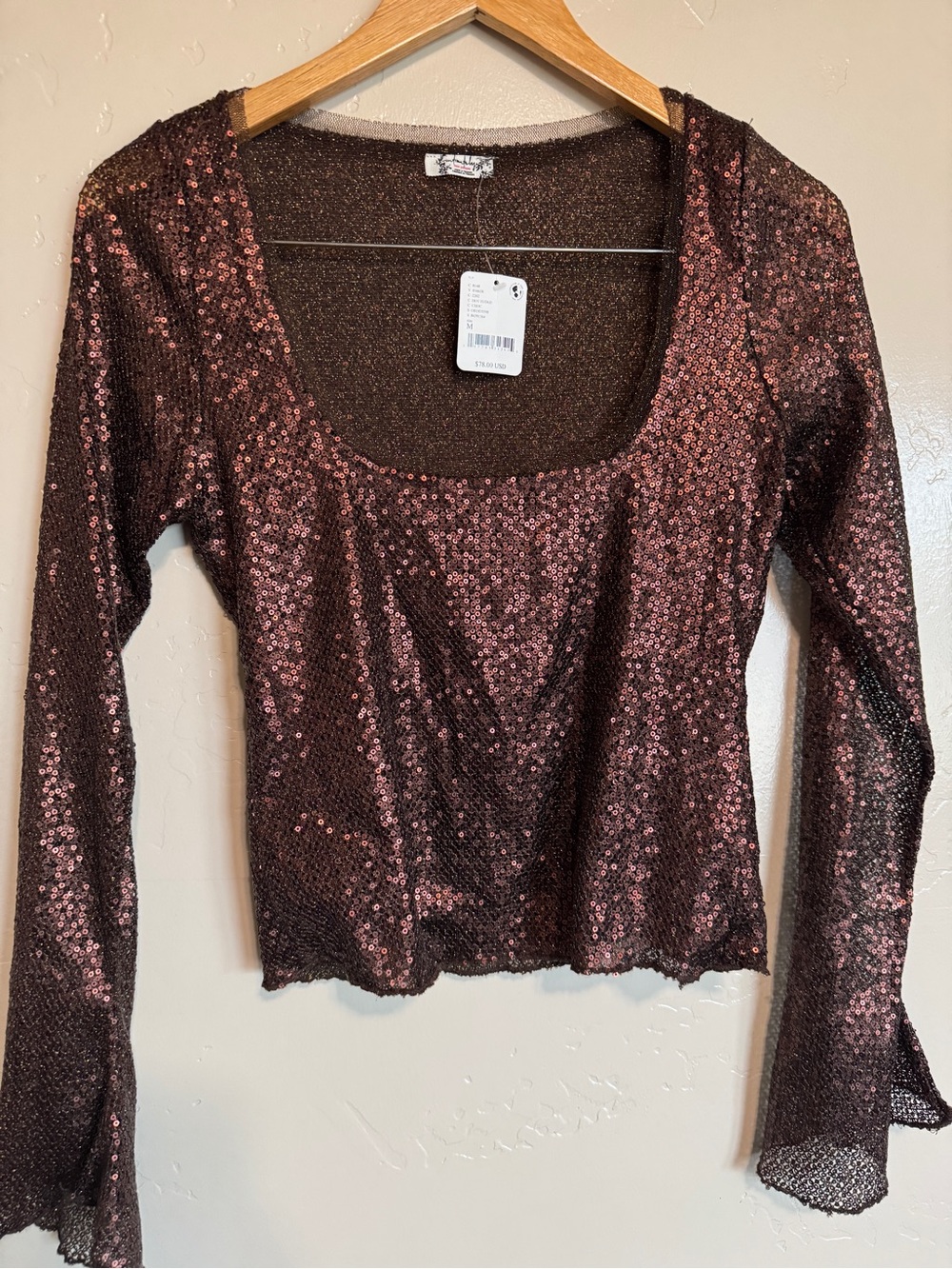 FREE PEOPLE Late Night Rose-Brown Sequin Scoop Long Sleeve Top - M Hot Fudge
